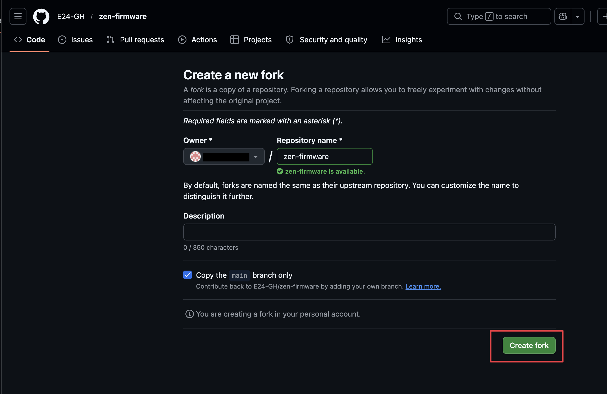 GitHub の Create a new fork 画面