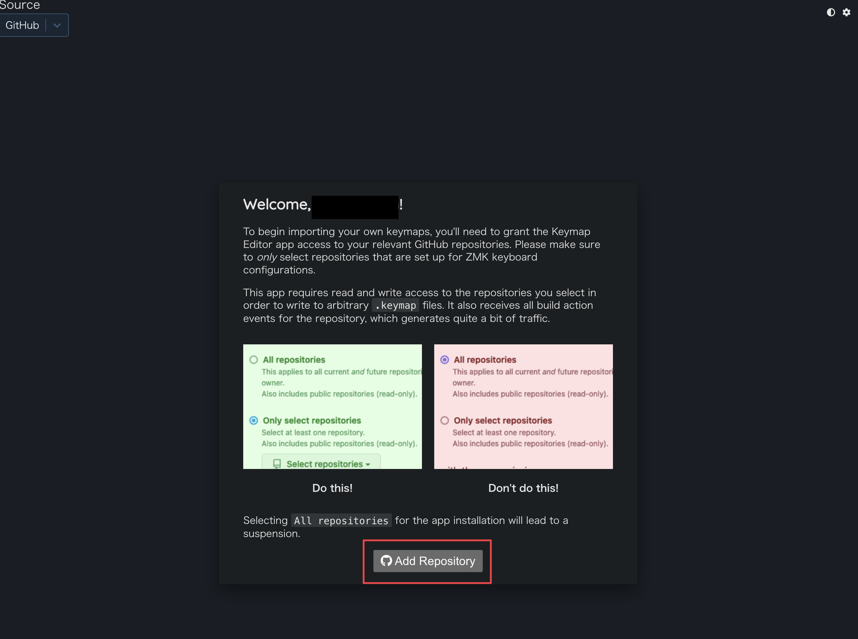 Keymap Editor の Add Repository 画面