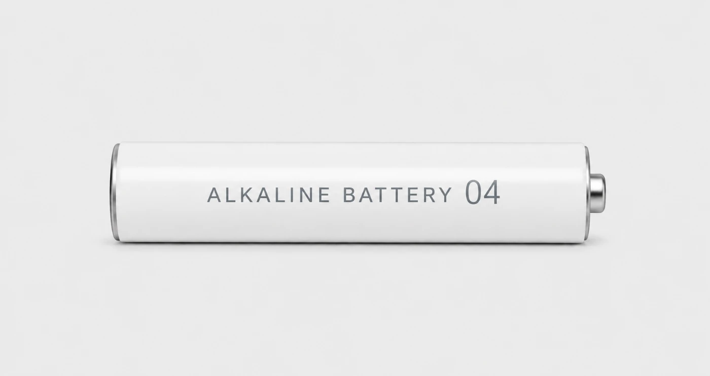 シルク印刷風に ALKALINE BATTERY 04 と入った、白い単4乾電池