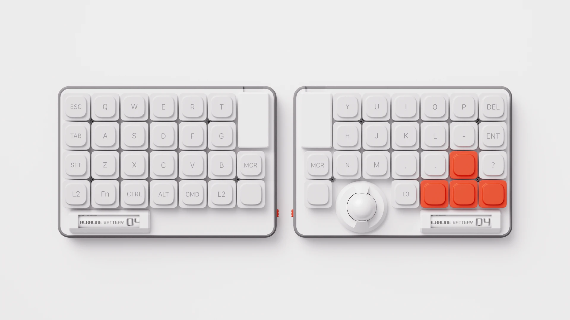 ZEN — 白いキーキャップと朱色のアクセントキー、右手側にトラックボールを備えた左右分割キーボード